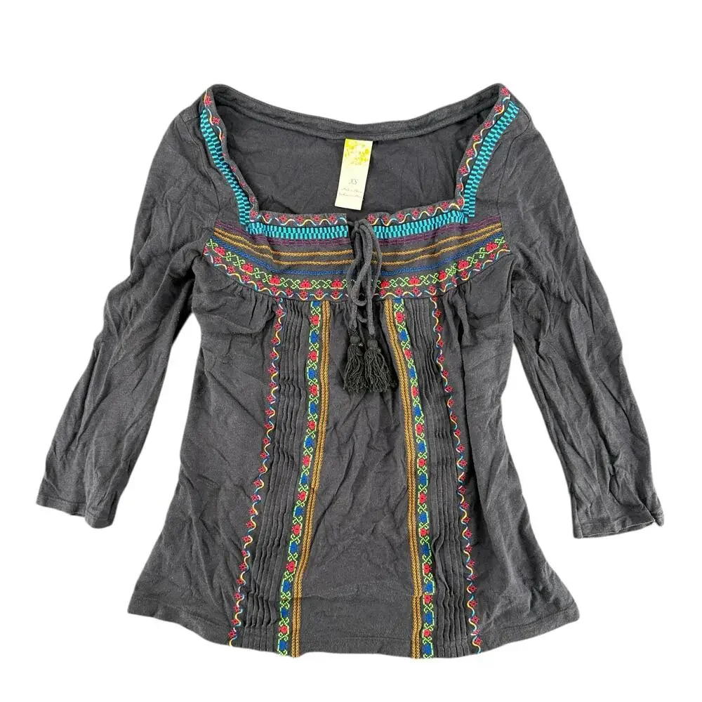 Altar'd State Blue Boho Baby Doll T-Shirt Top XS Embroidered Cotton Cottage - Picture 2 of 9